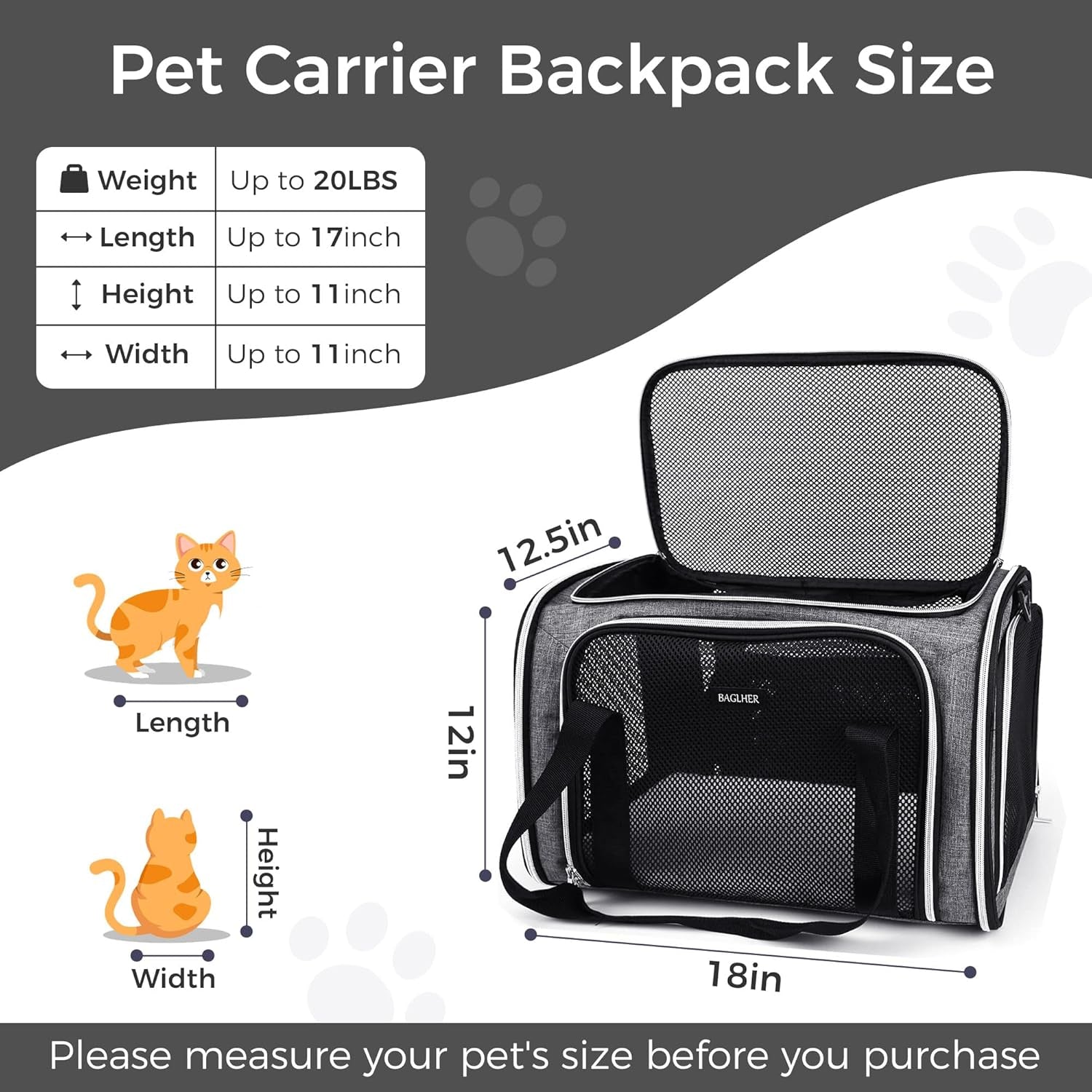 Pet Travel Carrier, Cat Carriers Dog Carrier for Small Medium Cats Dogs Puppies, Airline Approved Small Dog Carrier Soft Sided, Collapsible Puppy Carrier. Grey
