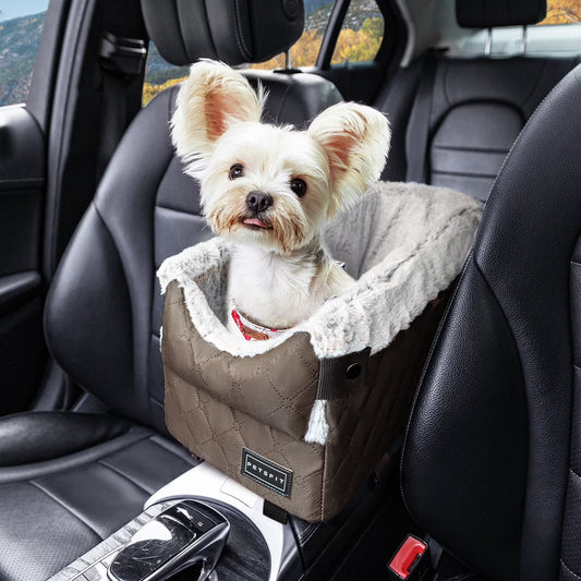 Center Console Dog Car Seat with Safe Protection Hooks, Pet Car Seat with Upgraded Safety Tethers, Washable Cushion, Console Dog Car Seats for Small Dogs (Coffee)