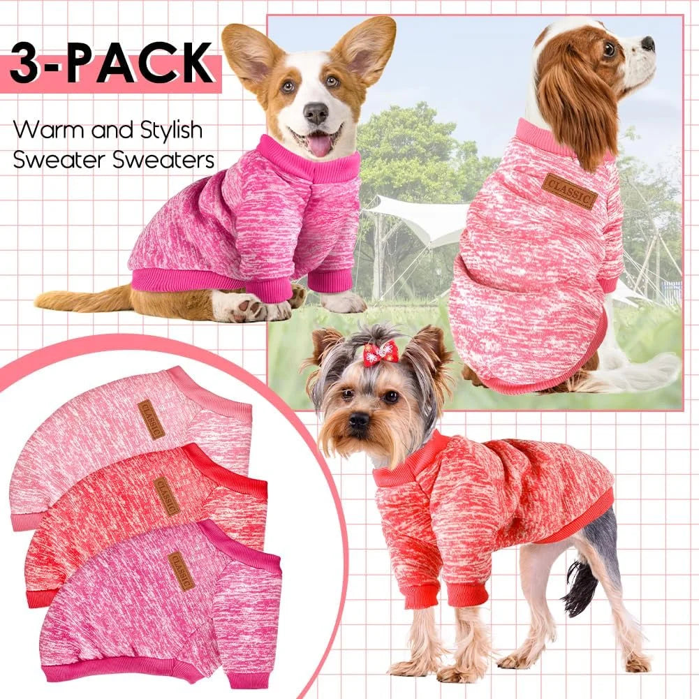 3 Pack Dog Sweaters for Small Dogs Girl Boy Dog Winter Fleece Clothes Warm Soft Dog Sweatshirt Outfit for Dog Cat Pet Apparel