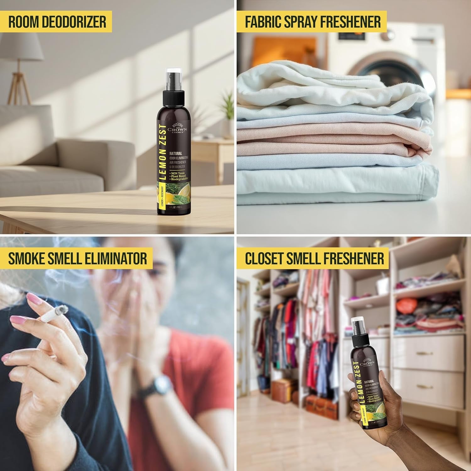 Non-Toxic Odor Eliminator, Natural Citrus Lemon Zest Air Freshener Spray for Home, Room, Closet & Couch Deodorizer, Long Lasting Bathroom & Toilet Freshener, Safe for Kids & Pets - 2 PK - 4 Oz Each