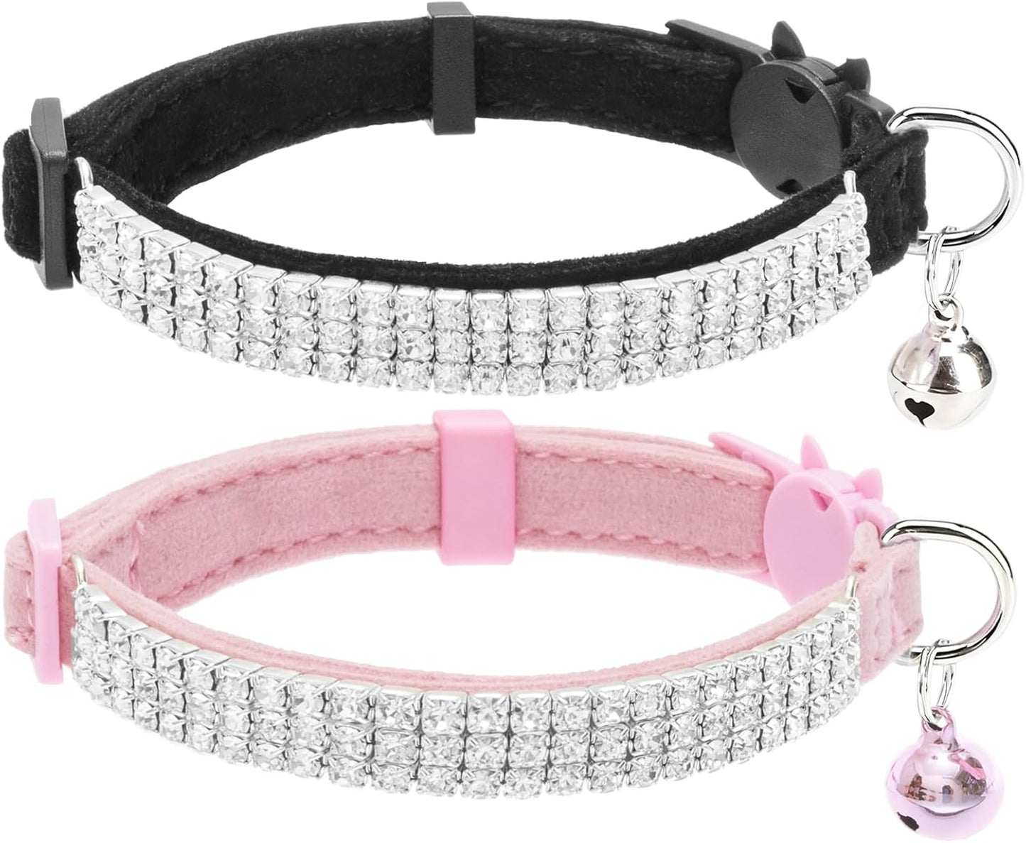 Soft Velvet Safe Cat Collars for Girl Cats -2 Pack Rhinestones Bling Diamante Adjustable Collars Breakaway- Chirstmas Cat Clollar Gifts with Bells for Boy Cats Kitty and Small Dogs