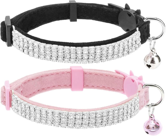 Soft Velvet Safe Cat Collars for Girl Cats -2 Pack Rhinestones Bling Diamante Adjustable Collars Breakaway- Chirstmas Cat Clollar Gifts with Bells for Boy Cats Kitty and Small Dogs