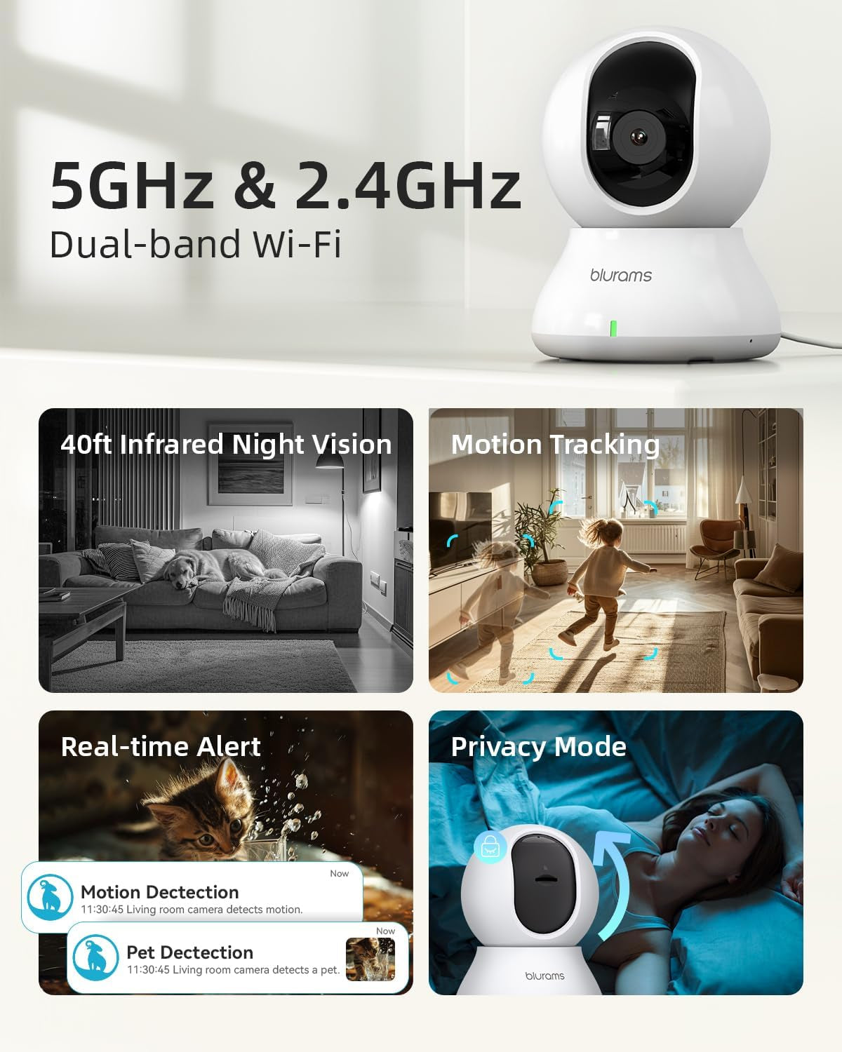 Indoor Security Camera, 5Ghz/2.4Ghz Dual-Band, 2K PZT Pet Camera with Phone App, 360° Cameras for Home Security, 2-Way Audio, Motion Tracking, Night Vision, Siren, Cloud&Sd