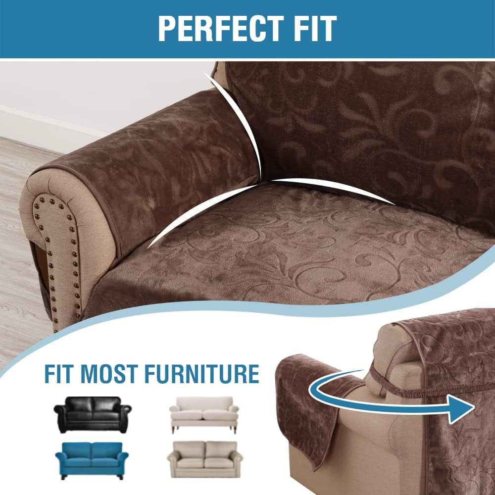 Sofa Slipcover 100% Waterproof Couch Cover Velvet Classic Flower Pattern Furniture Protector Non Slip with Elastic Straps for Pets Dogs Width up to 52 Inch (Medium Sofa, Chocolate)