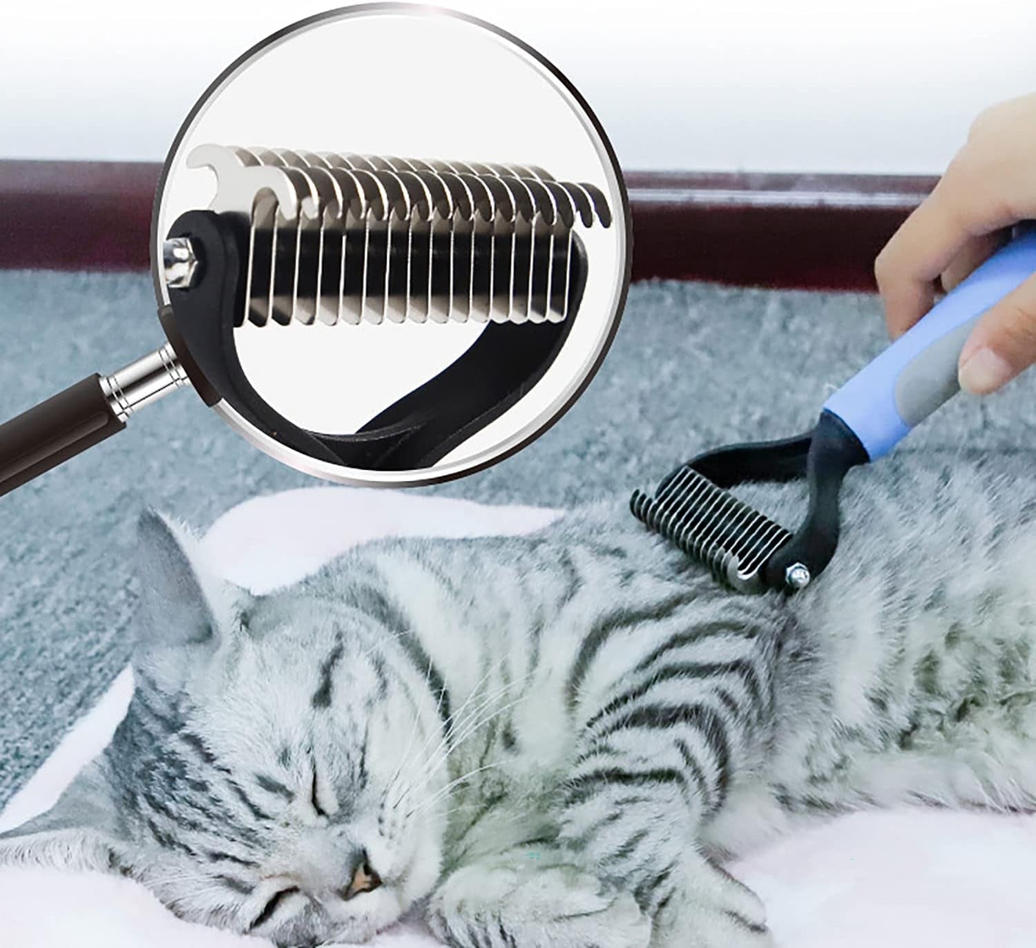 Double-Sided Pet Grooming Rake Comb for Dogs and Cats - Undercoat Dematting Tool with Flea Comb Set (Blue/11 Tooth)