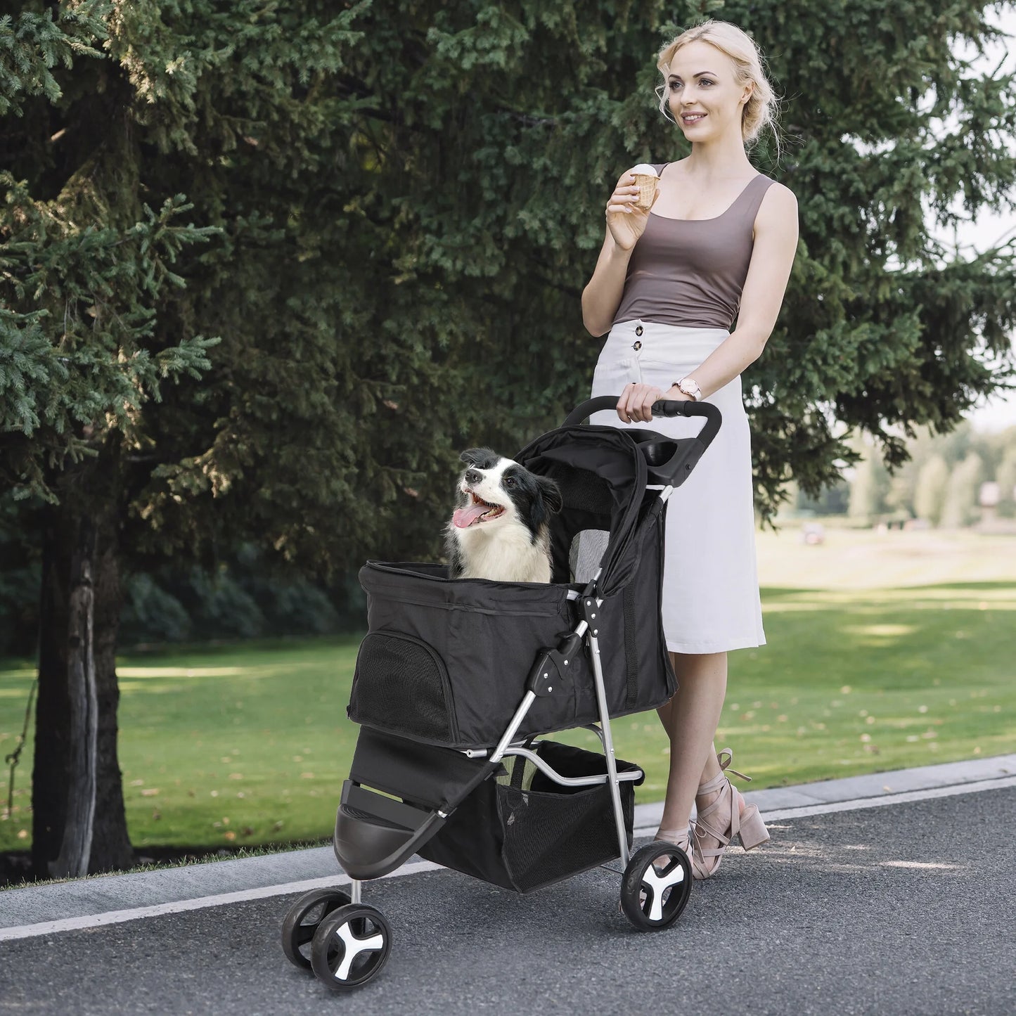 3 Wheel Foldable Pet Stroller for Small Dog Max. 33LBS W/Storage Basket