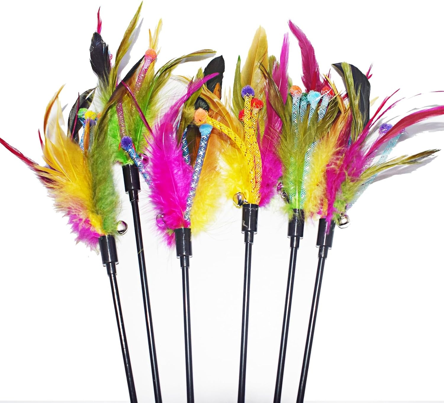 Cat Wands, 6 PCS Natural Feather Stick Interactive Kitten Toys with Bell Safe Cat Teaser Wand for Indoor, All Breed Sizes
