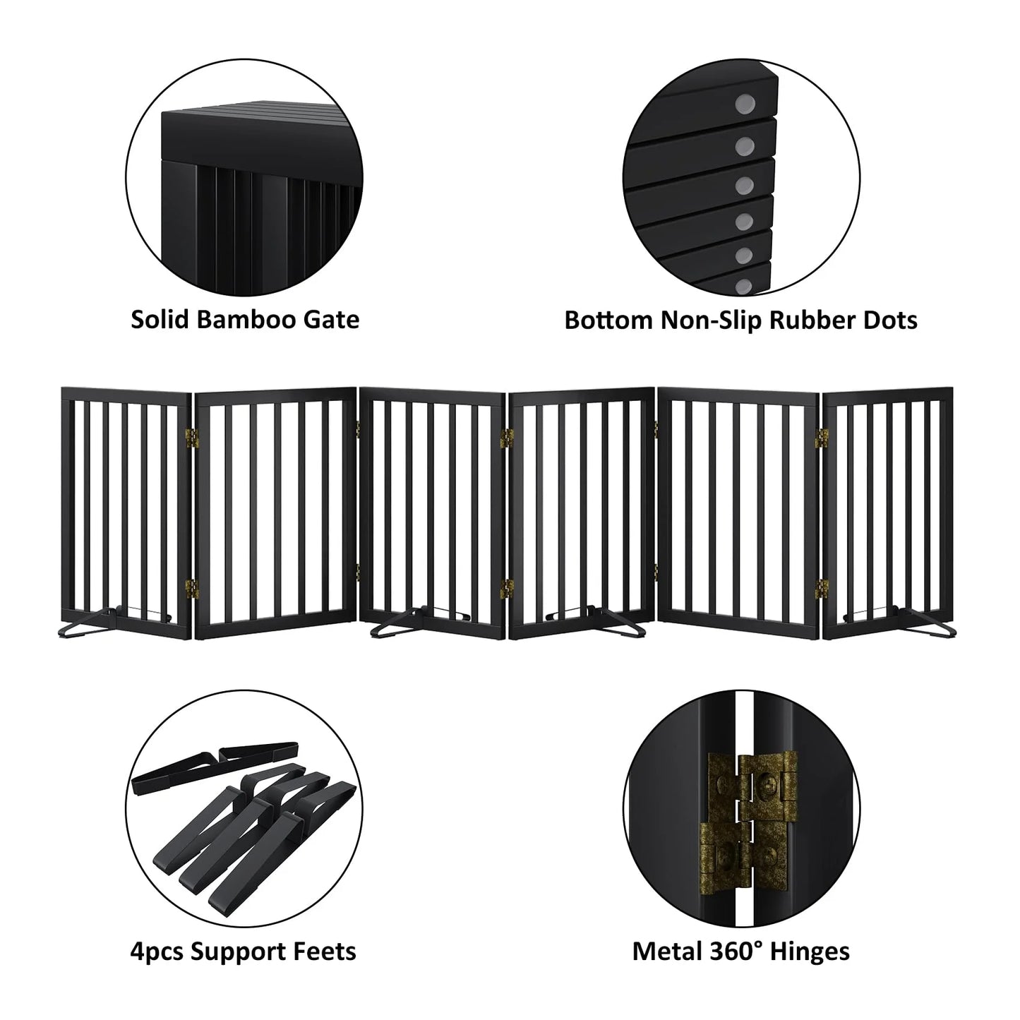Bamboo Dog Gate Freestanding Pet Gate with 2 Support Feet for Doorways,Black,24"H,6 Panel
