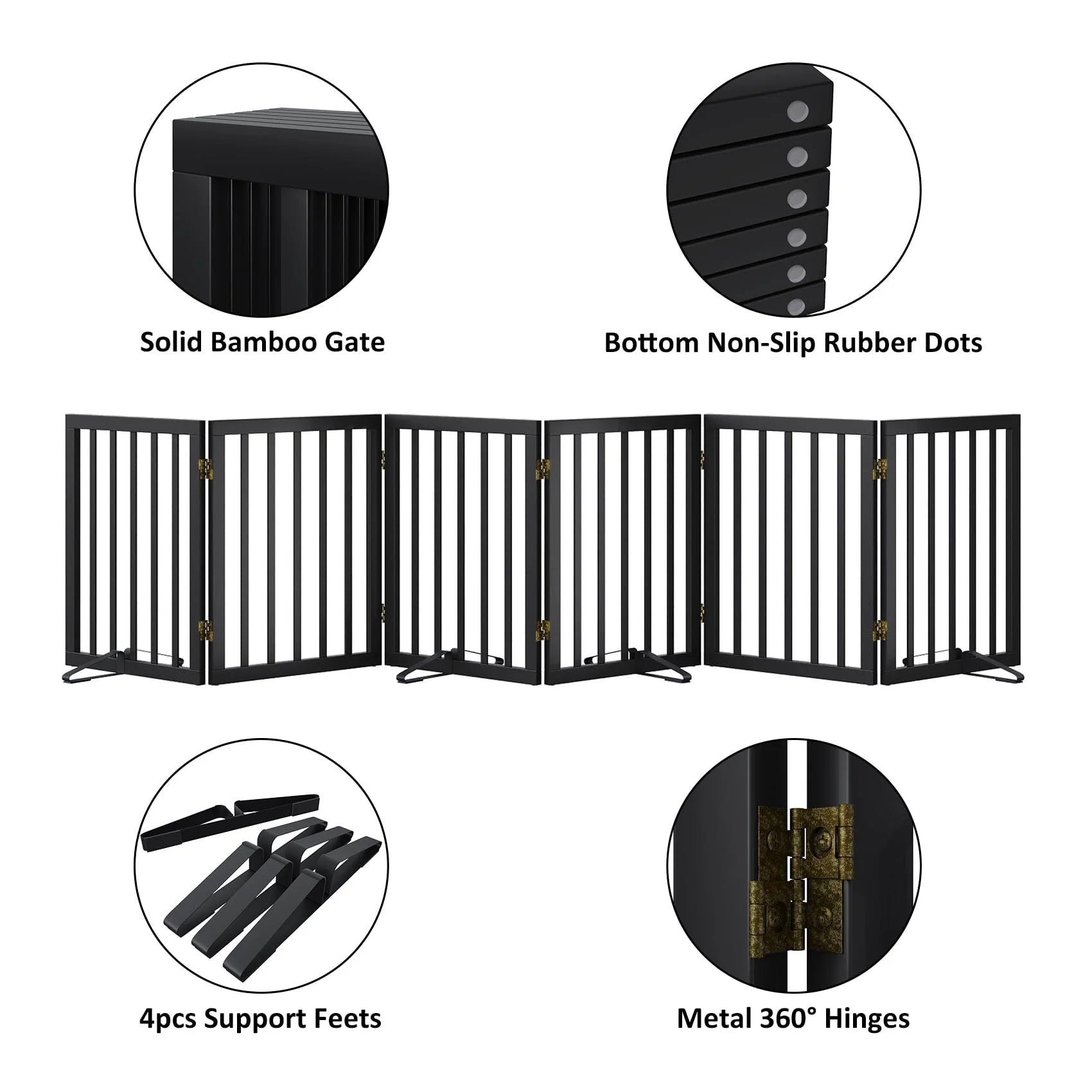Bamboo Dog Gate Freestanding Pet Gate with 2 Support Feet for Doorways,Black,24"H,6 Panel