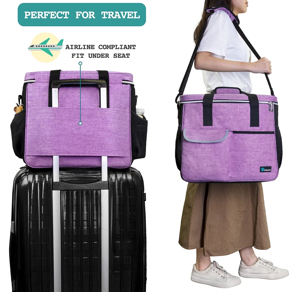 Dog Travel Bag, Travel Pet Bag Organizer, Dog Food Travel Bag with Food Container and Bowls, Dog Travel Supplies Gift Accessories for Weekend Camping, Dog Cat Diaper Bag (Purple, Large)