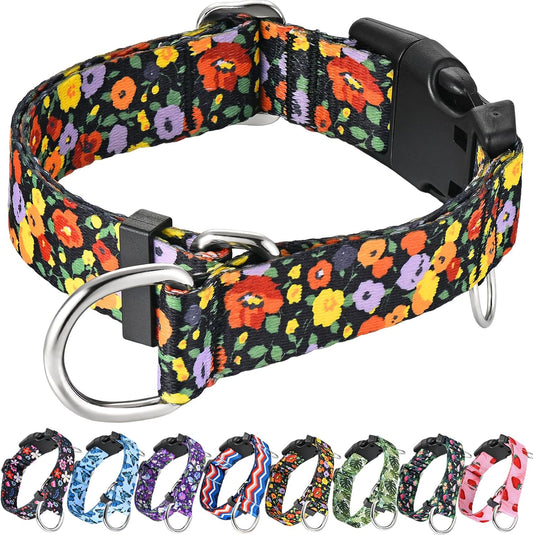 Martingale Collar for Dogs with Buckle Adjustable Nylon Limited Slip Training Dog Collars (Orange Floral, Medium)