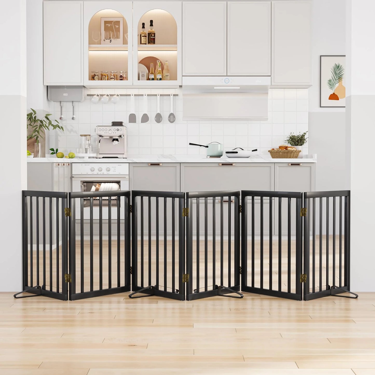 Bamboo Dog Gate Freestanding Pet Gate with 2 Support Feet for Doorways,Black,24"H,6 Panel