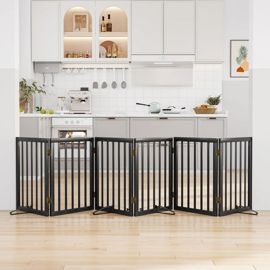 Bamboo Dog Gate Freestanding Pet Gate with 2 Support Feet for Doorways,Black,24"H,6 Panel