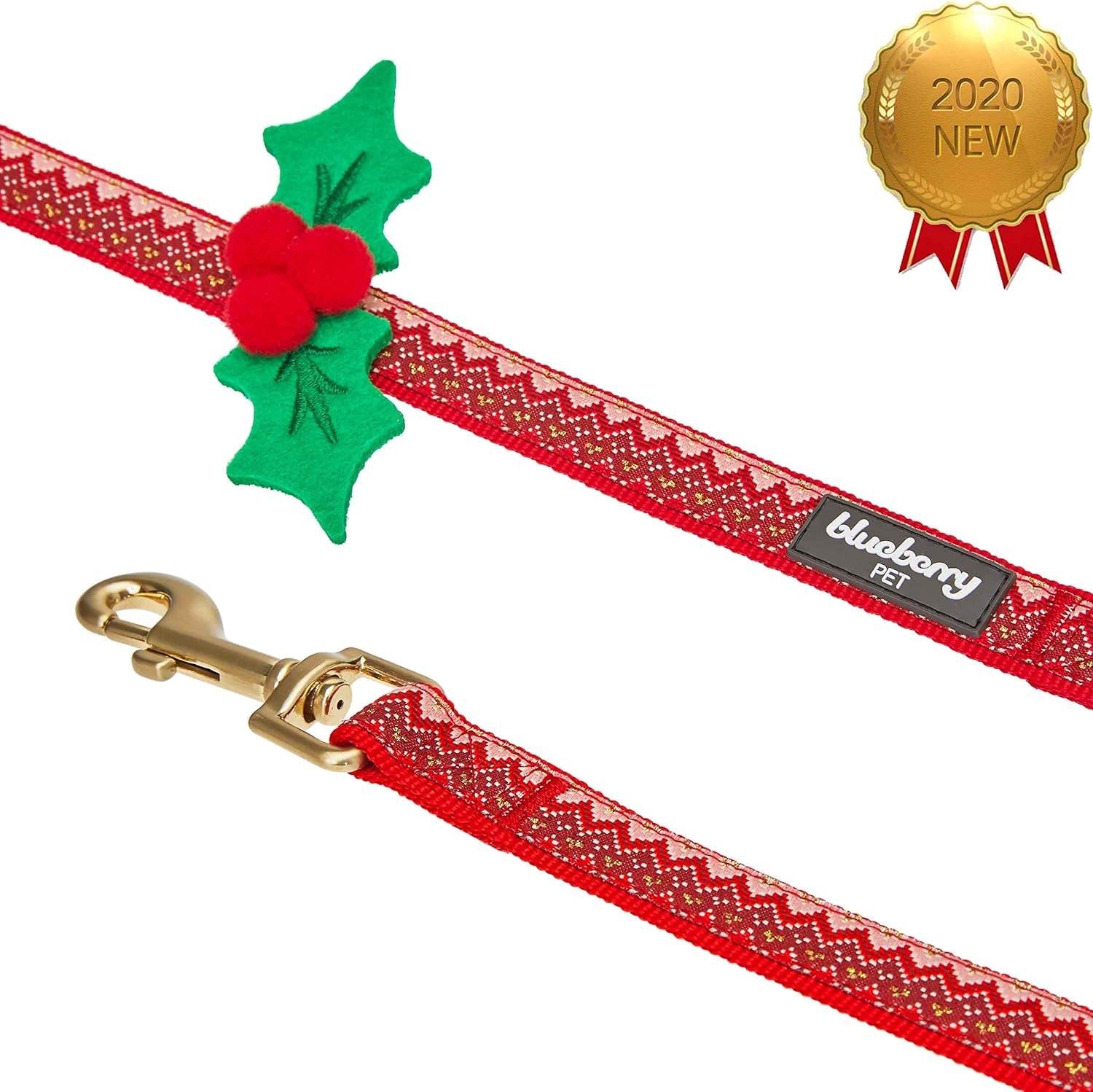 Christmas Zigzag Chevron Dog Leash with Holly Décor, 5 Ft X 5/8", Small, Leashes for Dogs
