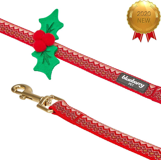 Christmas Zigzag Chevron Dog Leash with Holly Décor, 5 Ft X 5/8", Small, Leashes for Dogs
