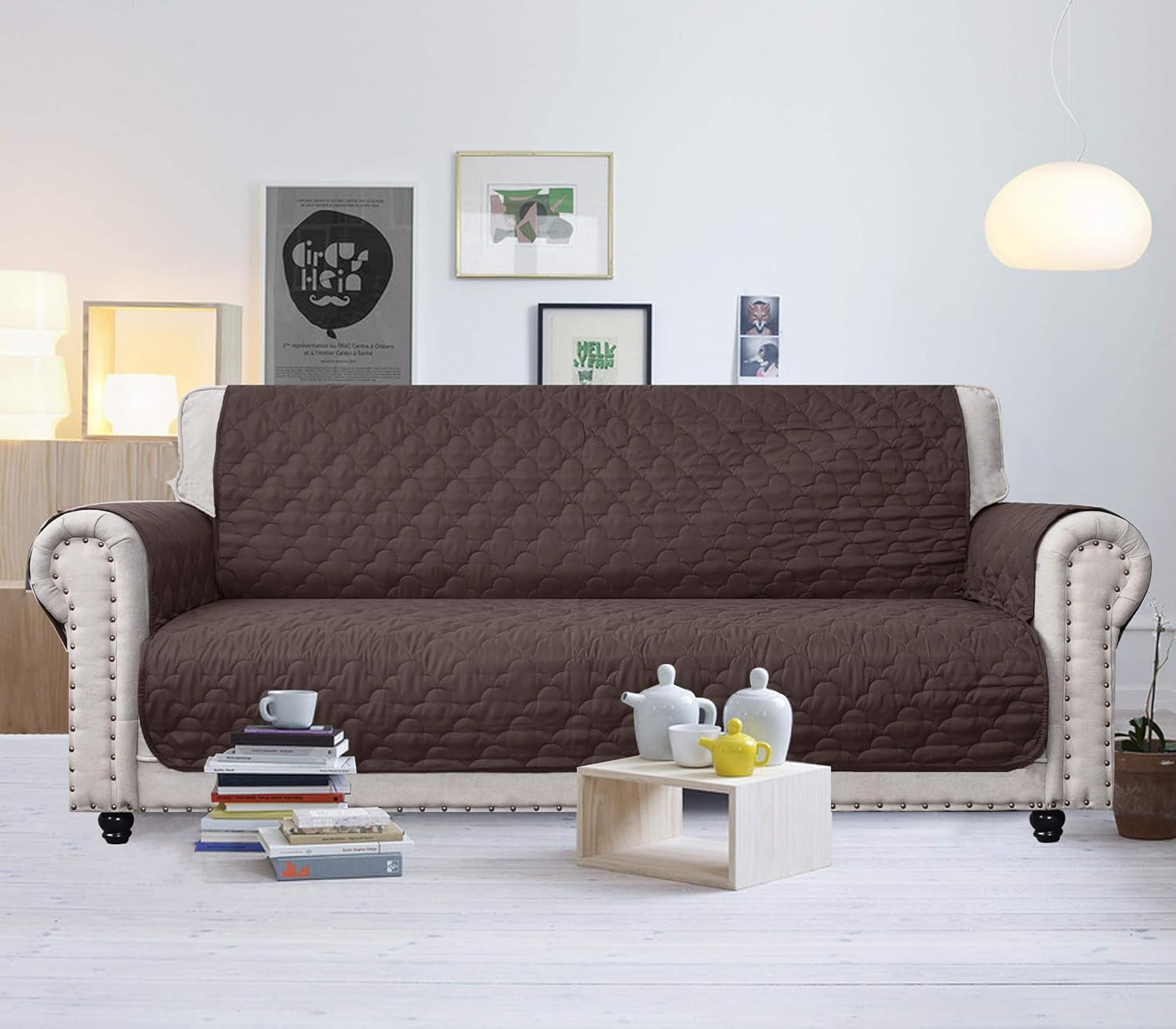 100% Waterproof Sofa Cover with Side Pockets Quilted Furniture Protector Sofa Slipcover for Pets for Leather Couch (Chocolate, 78'')