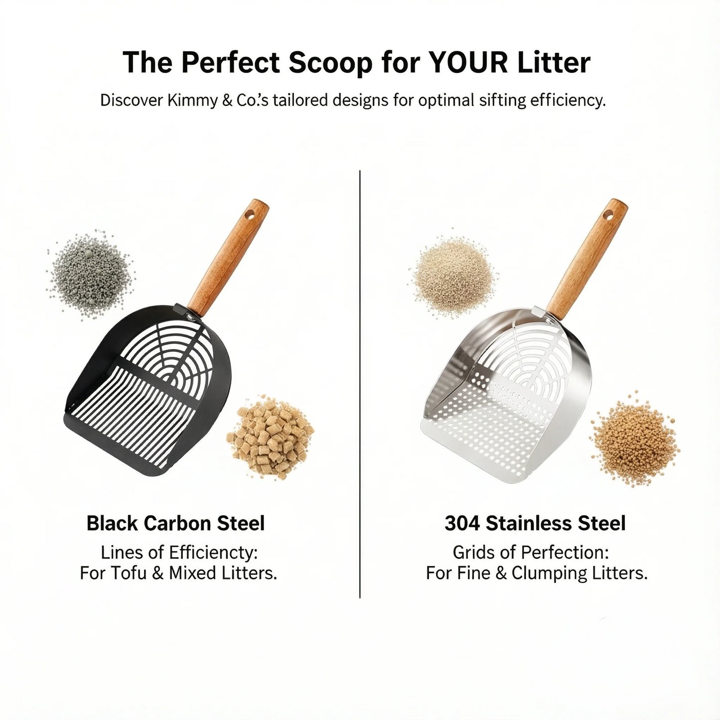 Kimmy&Co Solid Wood Cat Litter Scoop - Heavy Duty Non-Stick Metal Sifter - Deep Shovel for Easy Cleaning