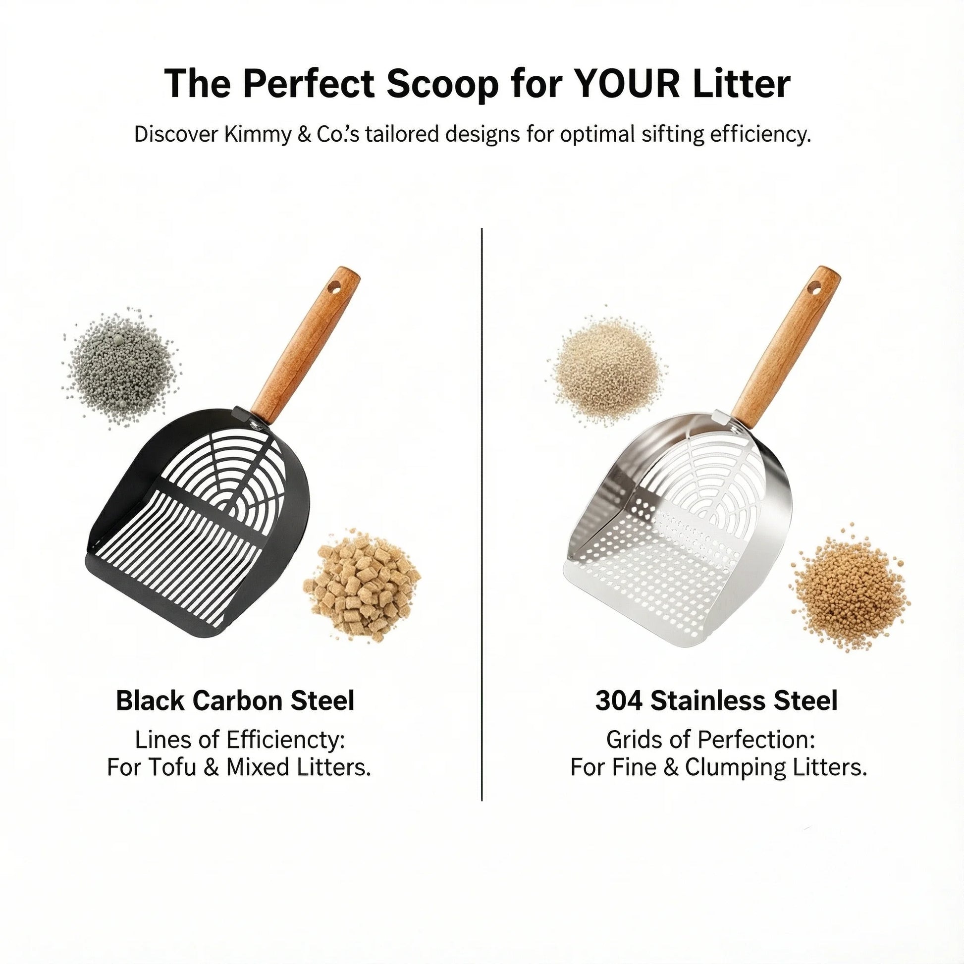 Kimmy&Co Solid Wood Cat Litter Scoop - Heavy Duty Non-Stick Metal Sifter - Deep Shovel for Easy Cleaning