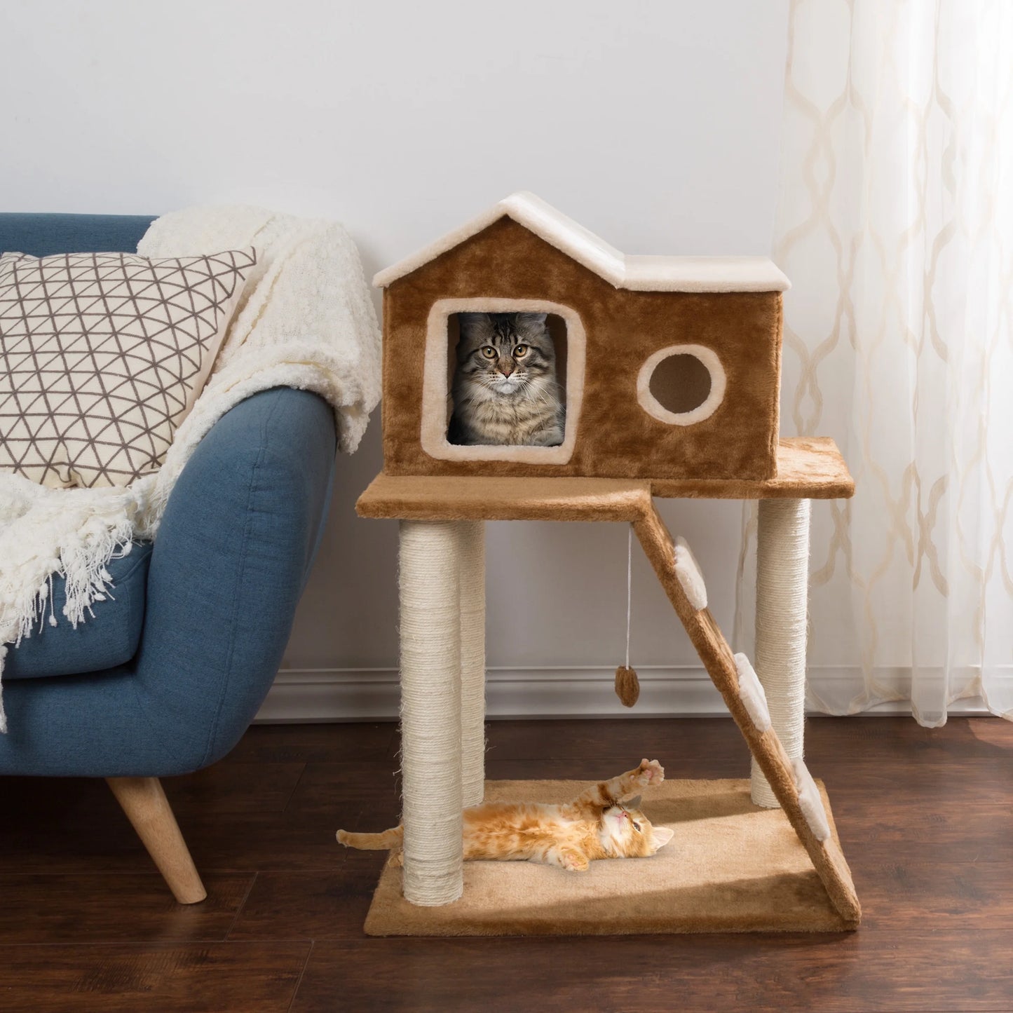 35In Cat Tree with Ladder, House, Scratch Posts, and Toy (Brown)