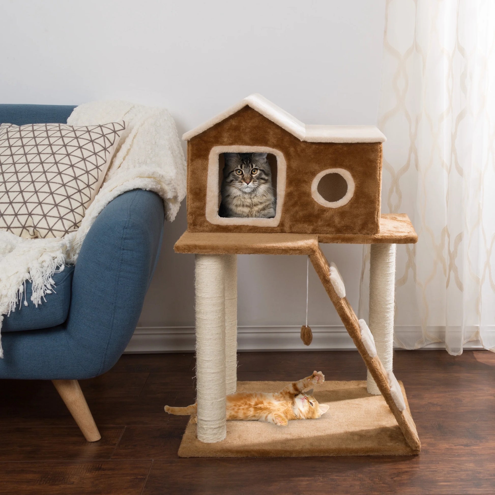 35In Cat Tree with Ladder, House, Scratch Posts, and Toy (Brown)