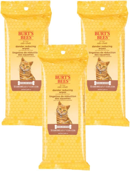 Cat Dander Wipes with Colloidal Oat Flour, 98% Natural Origin Formulas, Cats Dandruff Remedy, Feline Cleansing Sheets for Allergy Relief, 3Pk, 50Ct
