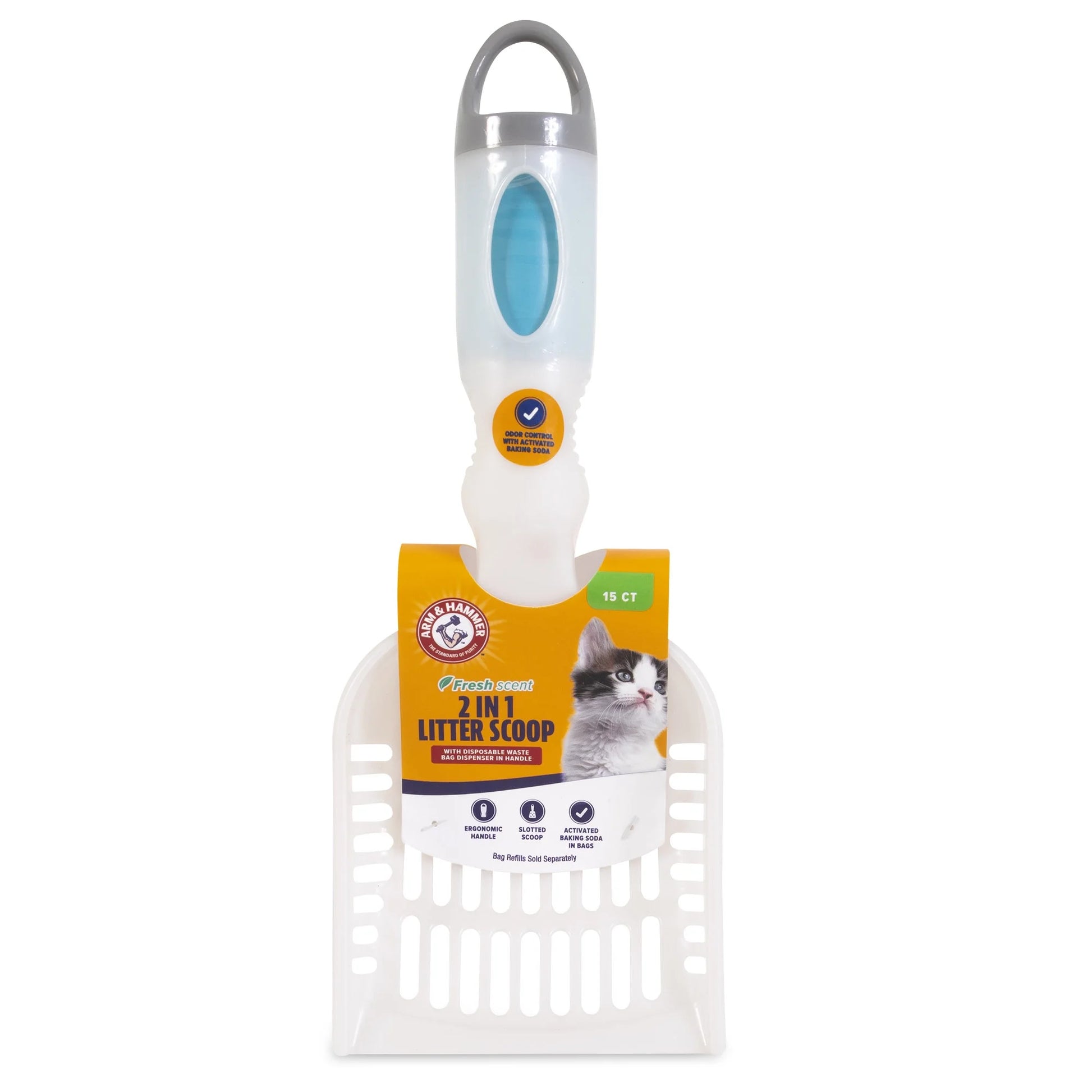 Deluxe 2-In-1 Plastic Cat Litter Scoop with Built-In Waste Bag Dispenser in Handle, 15 Fresh Scent Disposable Waste Bags Included, Assorted Colors