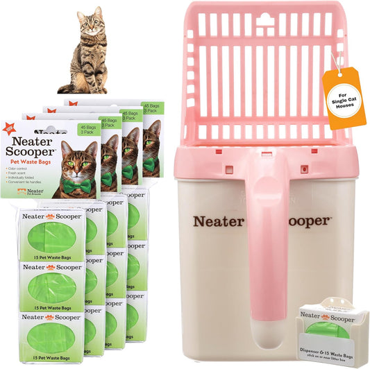 Neater Scooper Standard Cat Litter Scoop, 195 Refill Bags – Mess-Free Cat Litter Scooper with Bag, Spill-Proof Kitty Box Sifter, Bin Doubles as Scoop Holder, for Single-Cat Household