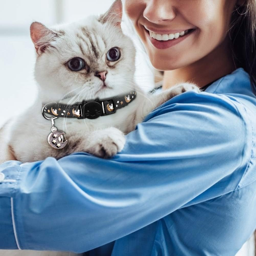 2Pcs Breakaway Cats Collars Cat Collars for Boy & Girl Cats Moons Adjustable Kitten Collars with Bell & Pendant Glow in the Dark,Purple+Black