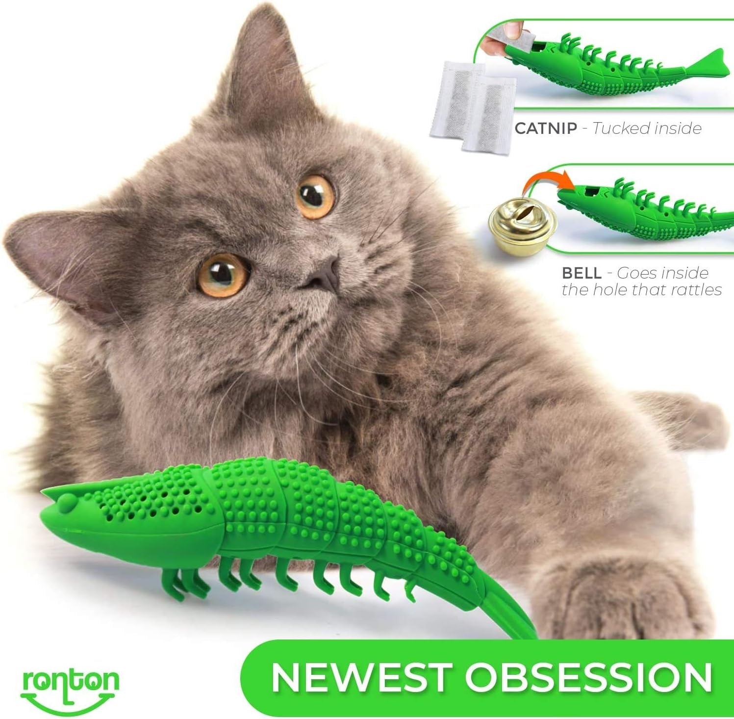 Cat Toothbrush - Durable Hard Rubber Cat Dental Care, Interactive Toothbrush Chew Toy (1 Pack Green (Shrimp))