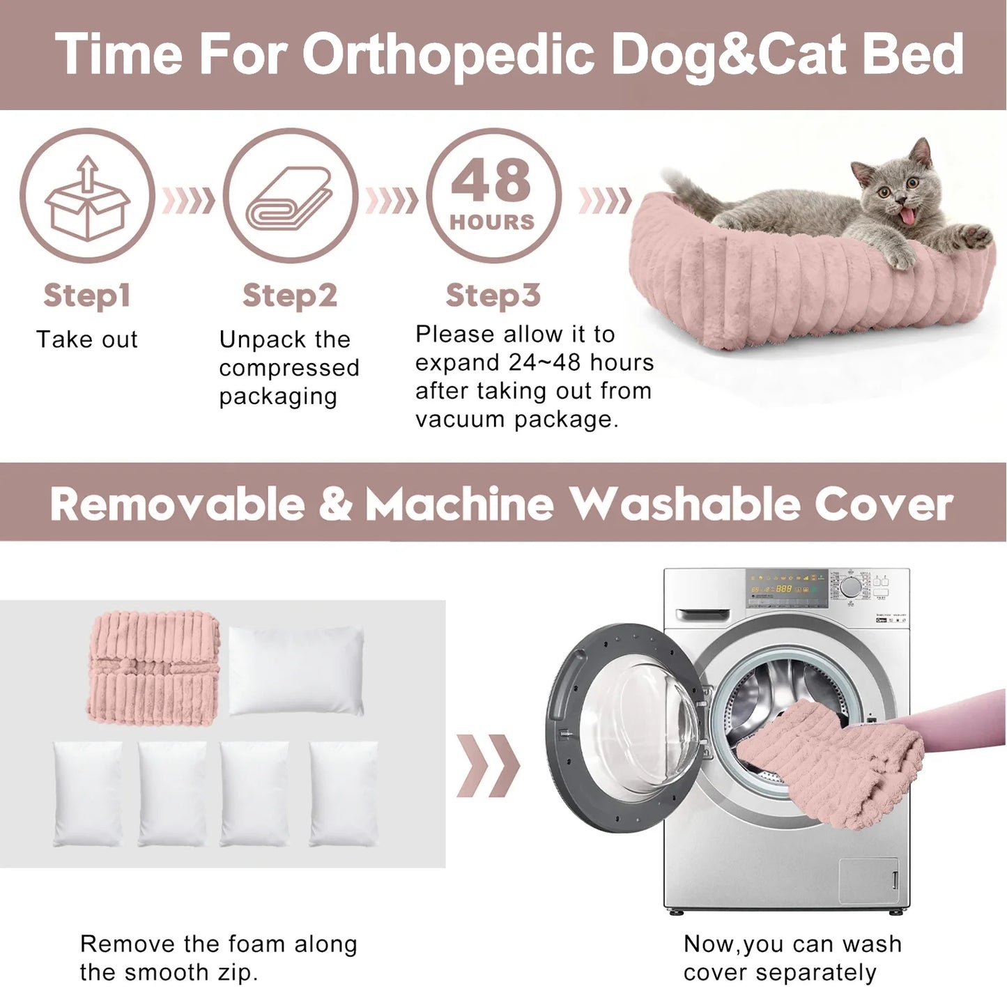 Cat Bed for Indoor Cats Furry Corduroy Fleece Orthopedic Pet Bed Sofa Removable Washable Cover Non Skid Bottom, Pink