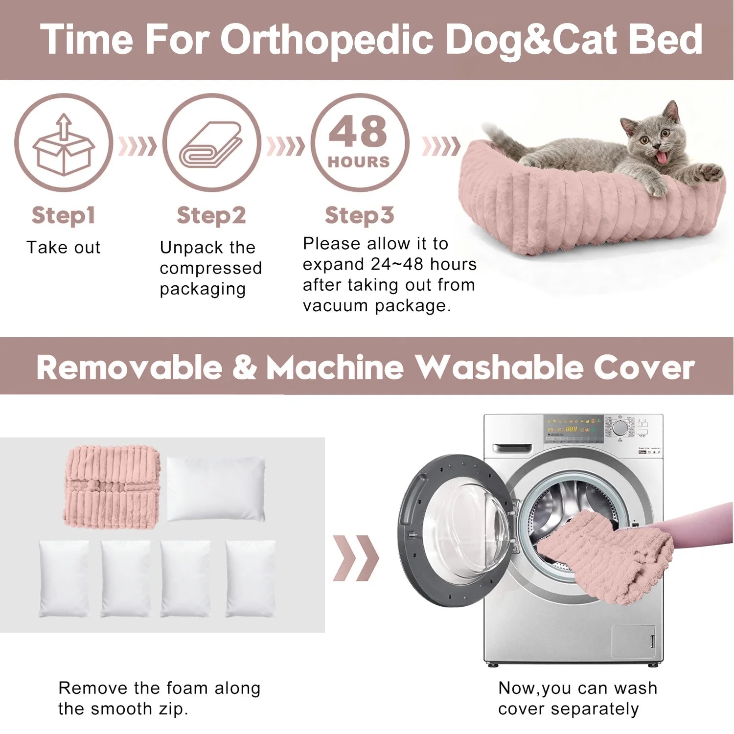 Cat Bed for Indoor Cats Furry Corduroy Fleece Orthopedic Pet Bed Sofa Removable Washable Cover Non Skid Bottom, Pink