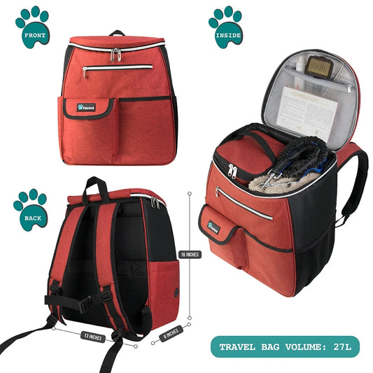 Dog Travel Bag Backpack, Airline Approved Dog Bags for Traveling, Puppy Diaper Bag Supplies, Pet Camping Essentials Hiking Accessories Dog Mom Gift, Food Container, Collapsible Bowls, Red