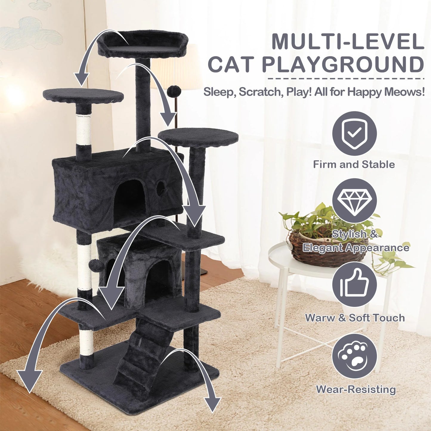 54In  Tower, Multi-Level Cat Tower Furniture Activity Center with Platform Scratching Posts Stand House Condo and Toy, Cat Condos for Indoor Cats Kitten Activity Relaxing, Dark Gray