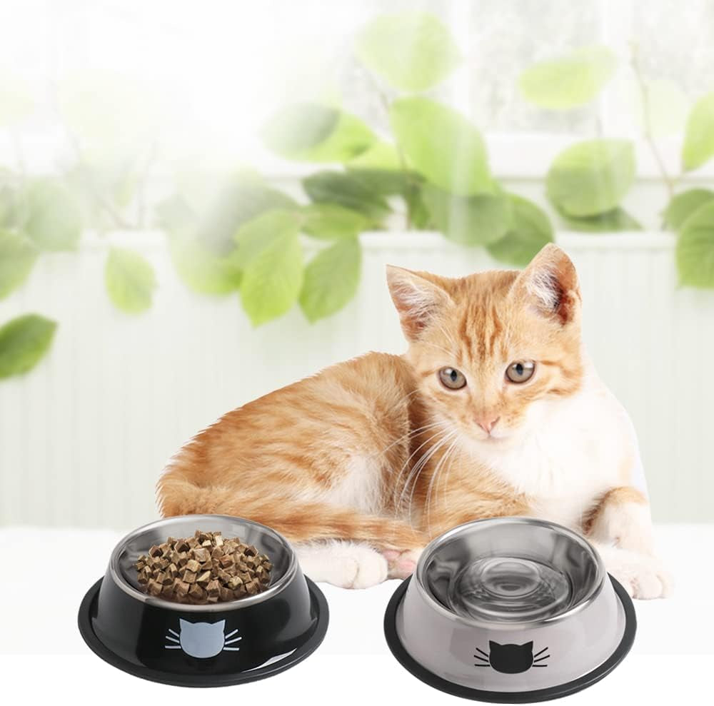 Cat Bowls for Food and Water,2Pcs  Non-Slip Stainless Steel Small Food Bowls 8 Oz Pet Bowl with Removable Rubber Base Dog Bowl,Stackable Cat Puppy Dishes Bowls with Cute Cats Painted