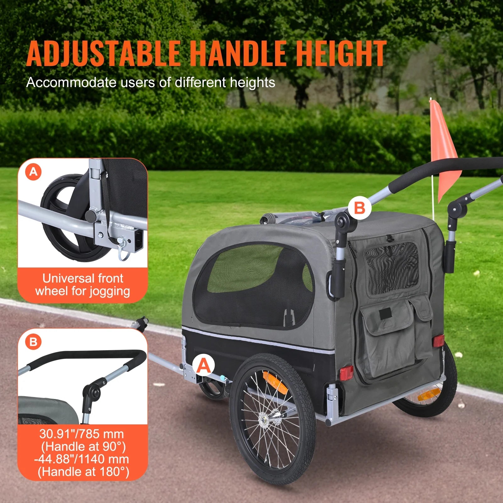 Pet Bike Trailer, up to 88 Lbs Capacity, Dual-Function Dog Stroller and Bicycle Hitch, Foldable Frame with Snap-On Wheels, Includes Bike Attachment, Safety Reflectors, and Flag, Black/Gray