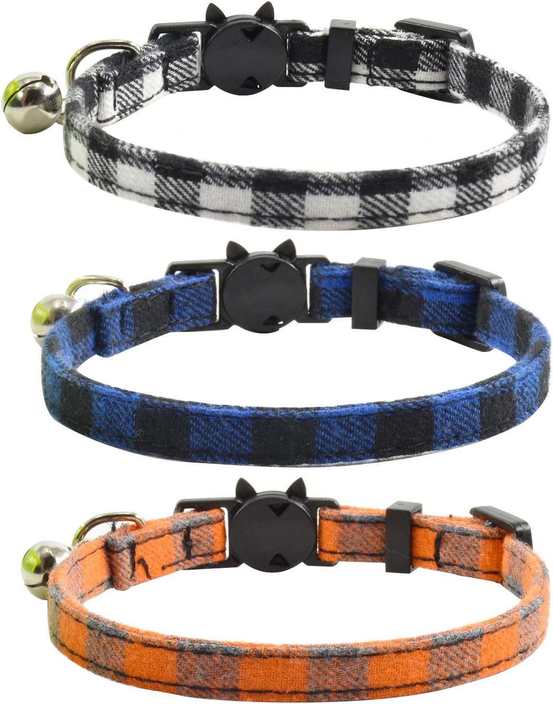 Breakaway Cat Collars with Bell, Set of 3, Durable & Safe Cute Kitten Collars Safety Adjustable Kitty Collar for Cat Puppy 7.5-11In (Black,Blue,Orange)