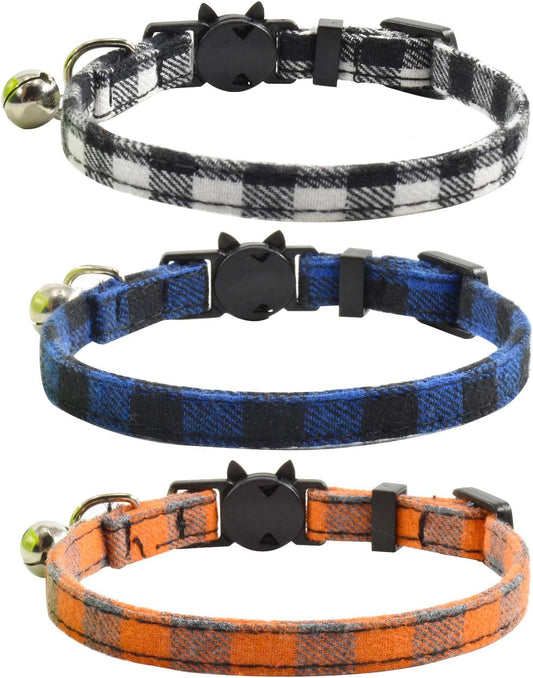 Breakaway Cat Collars with Bell, Set of 3, Durable & Safe Cute Kitten Collars Safety Adjustable Kitty Collar for Cat Puppy 7.5-11In (Black,Blue,Orange)