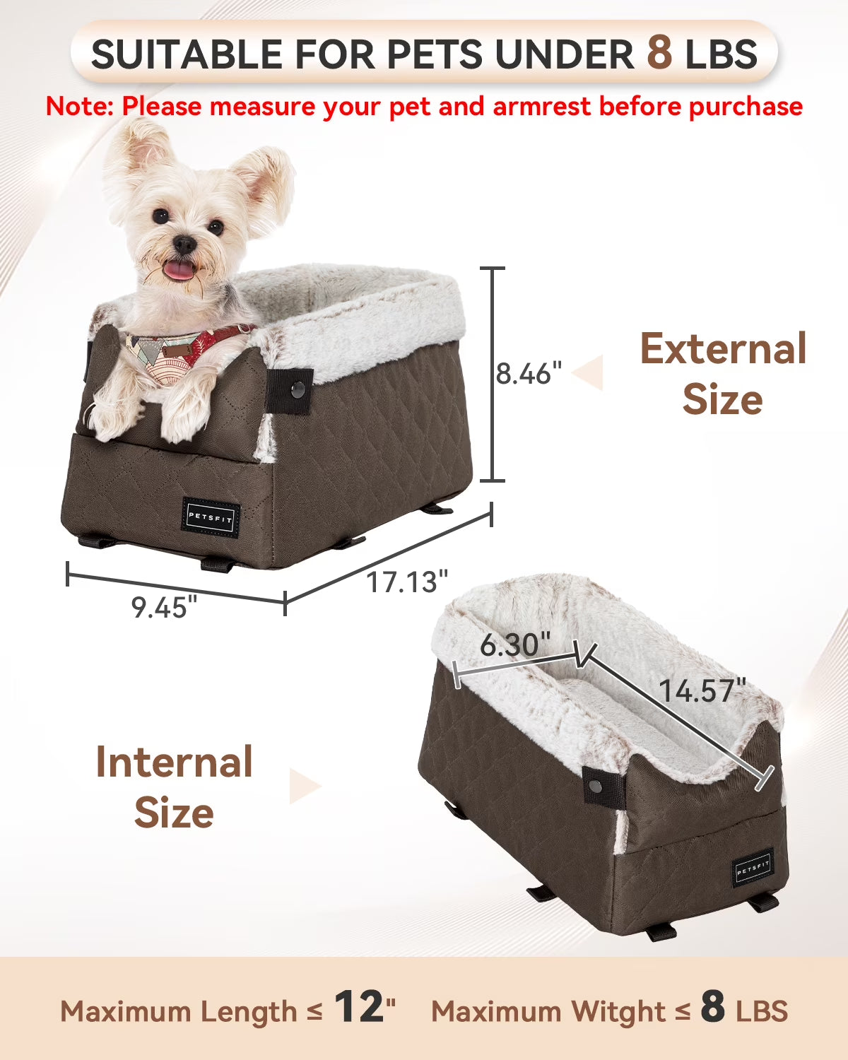 Center Console Dog Car Seat with Safe Protection Hooks, Pet Car Seat with Upgraded Safety Tethers, Washable Cushion, Console Dog Car Seats for Small Dogs (Coffee)