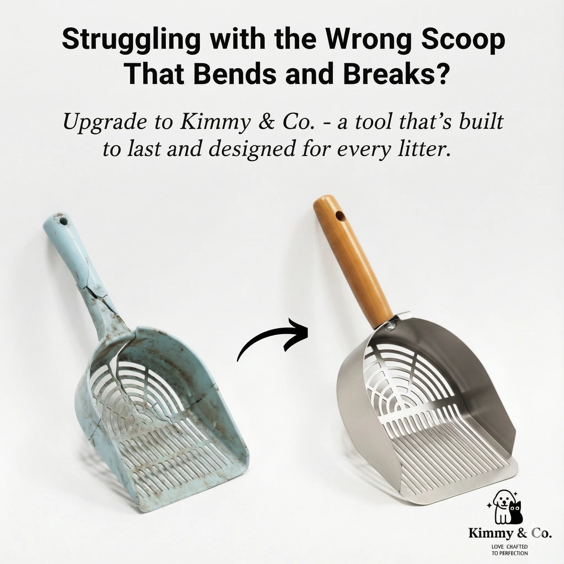 Kimmy&Co Solid Wood Cat Litter Scoop - Heavy Duty Non-Stick Metal Sifter - Deep Shovel for Easy Cleaning