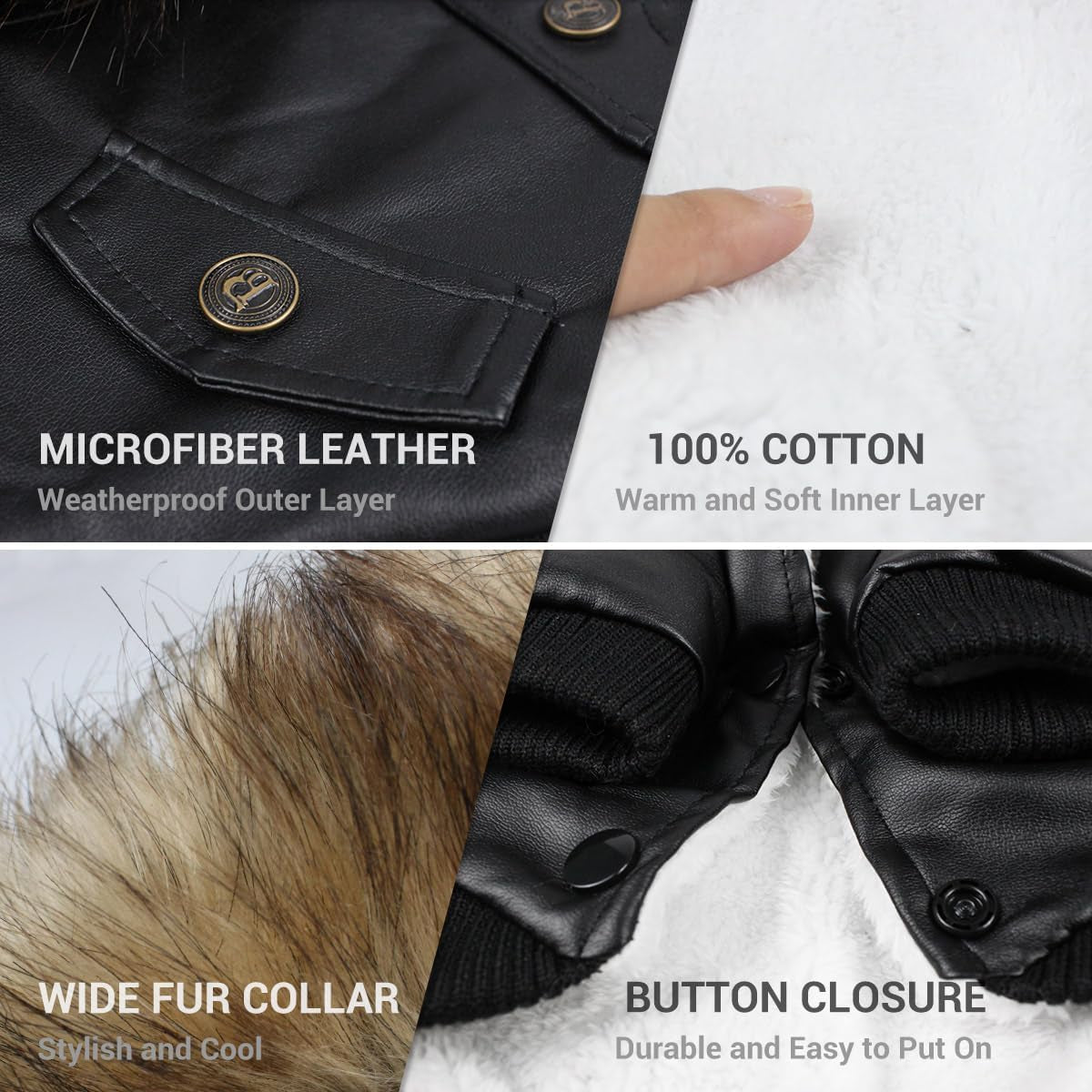 Dog Leather Jacket for Small Dogs, Waterproof Dog Winter Jacket Puppy Coat with Fleece Lined, Ultra Warm Fur Collar Doggie Coat, Black X-Large