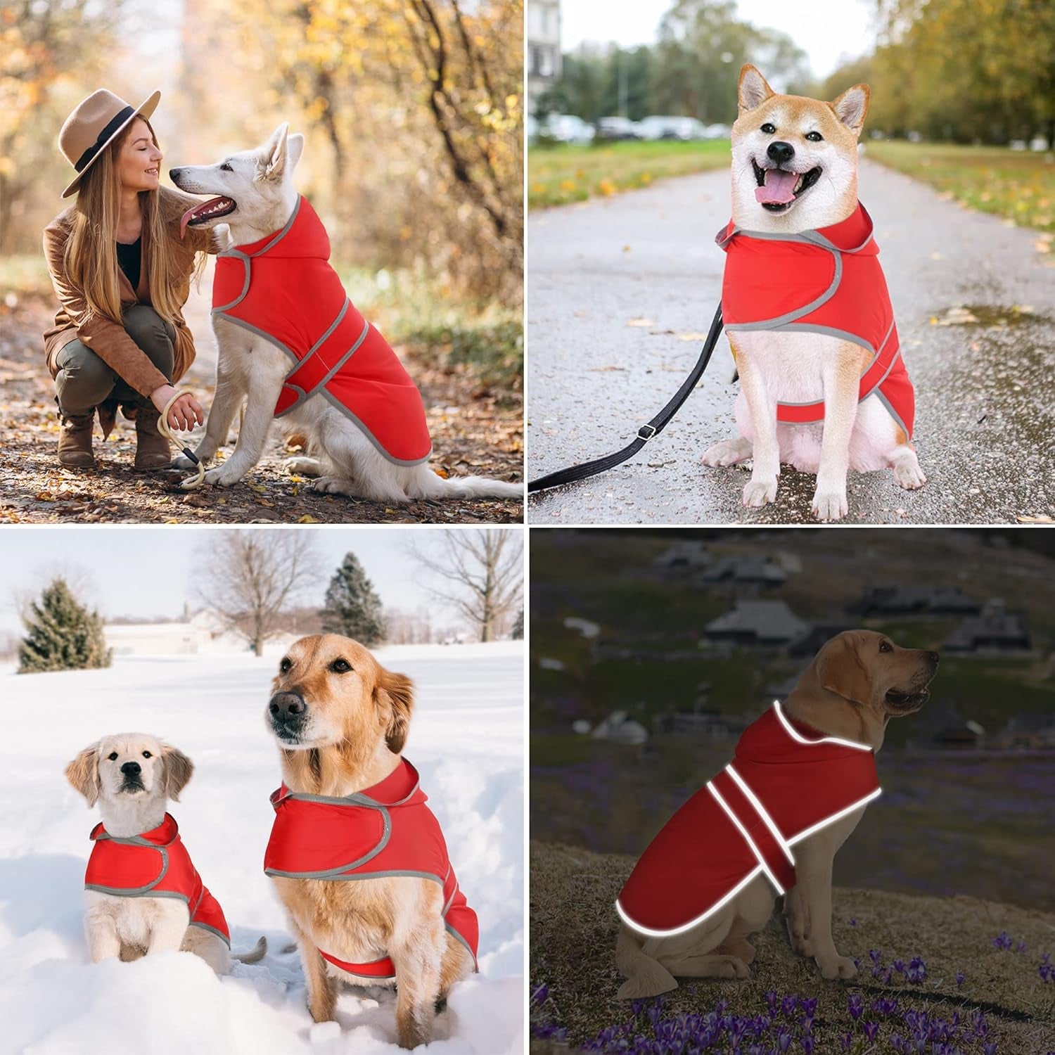 Dog Raincoats for Large Dogs Waterproof Hooded Rain Jacket with Reflective Strips Leash Hole & Poncho Adjustable Fit (Red,L)