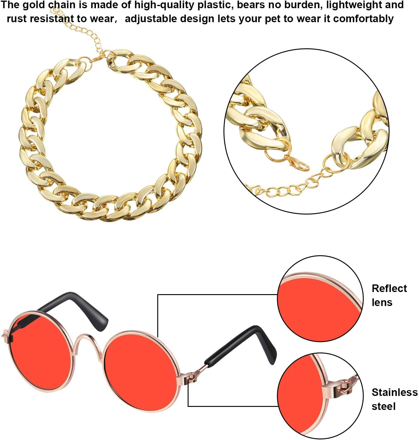 7 Pcs Dog Sunglasses Cats Sunglasses with 2 Gold Chain Retro round Metal Glasses Funny Cute Cosplay Costume for Small Pet(Vivid Colors,Lovely Style)
