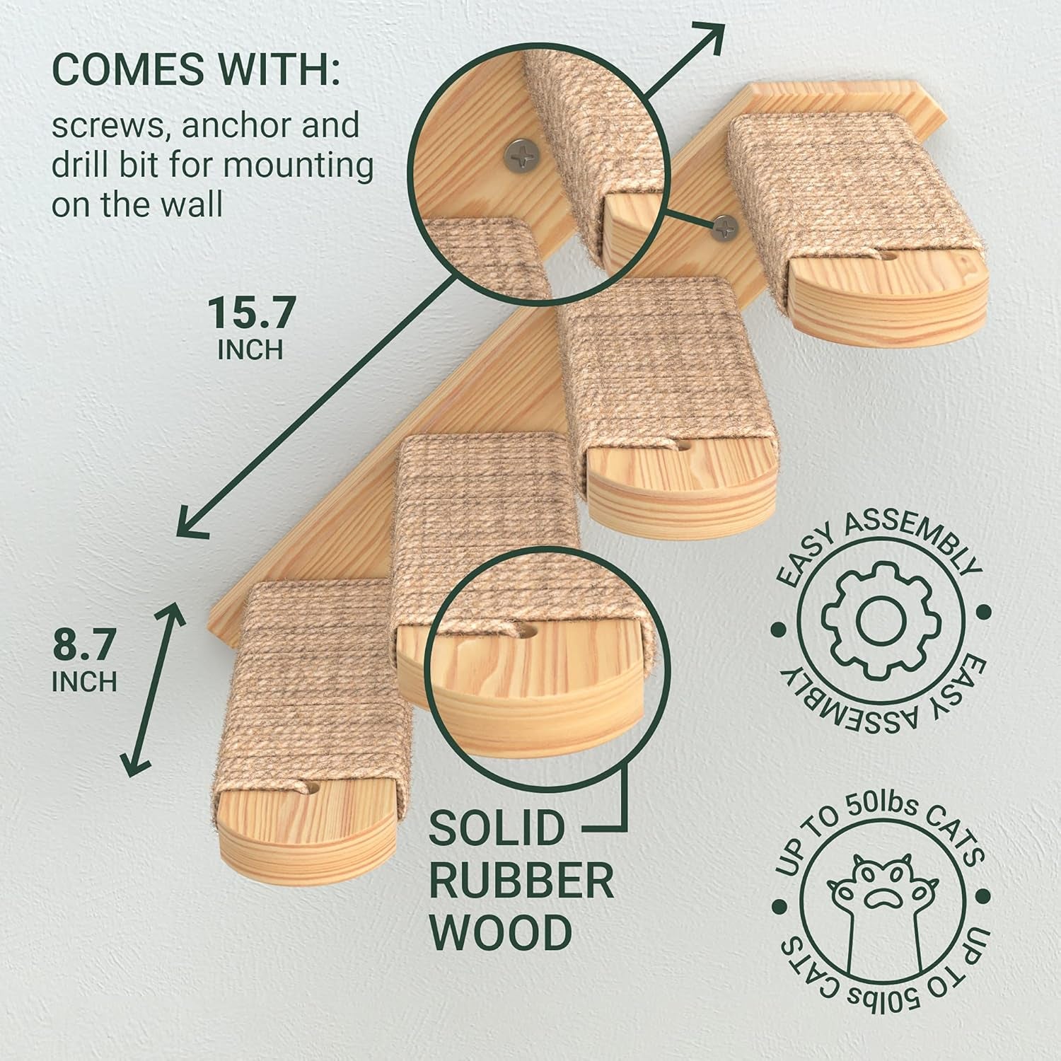 Cat Steps - Solid Rubber Wood Cat Wall Stairs Great for Scratching and Climbing - Easy to Install Wall Mounted Shelves for Playful Cats (Wood, Left-Right)