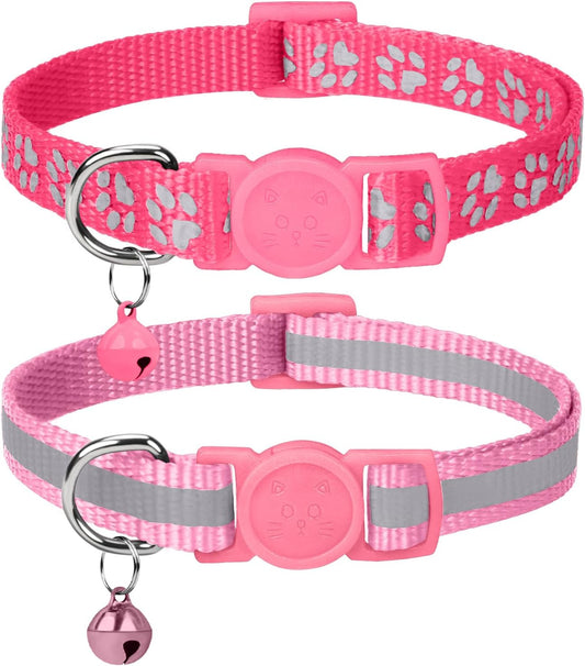 Reflective Cat Collar Breakaway with Bells, 2 Pack Girl Boy Pet Cat Collar Adjustable 7.5-12.5 Inch, Pink