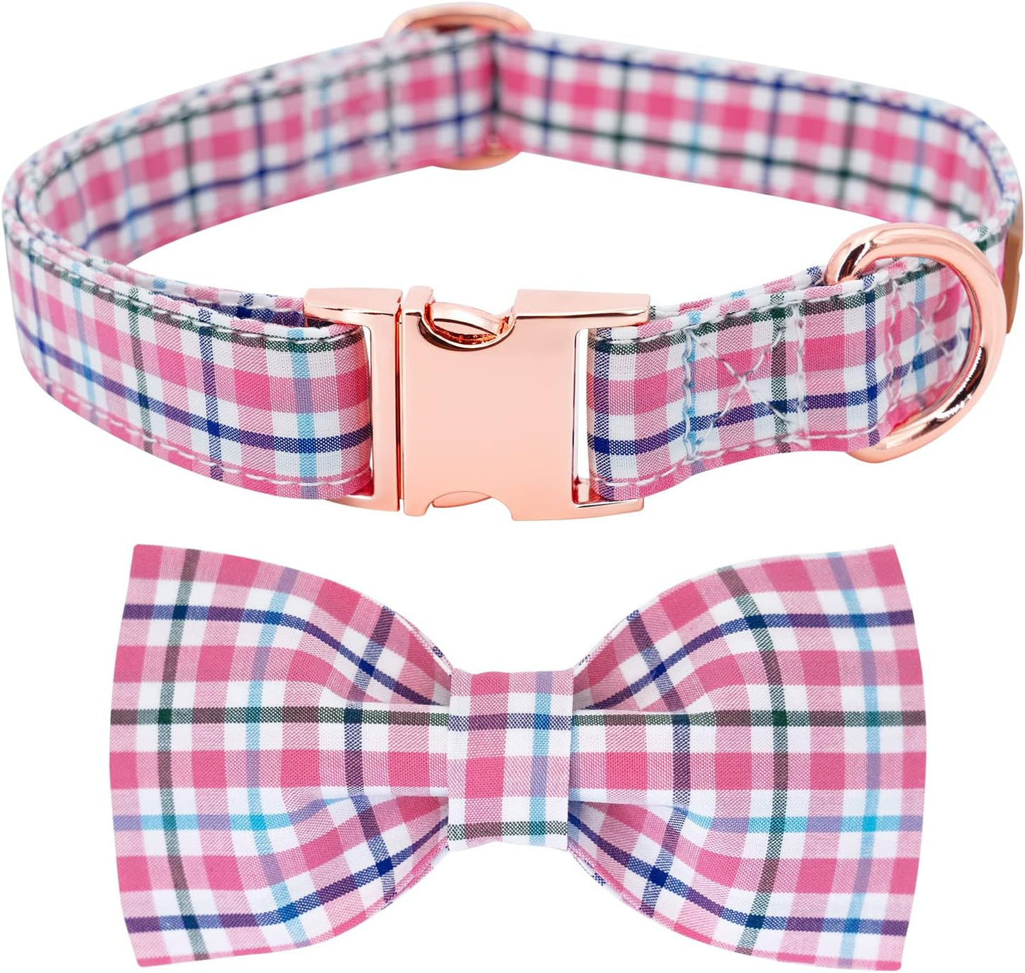 Dog Collar with Bow Tie Elegant Plaid Soft Comfy Cotton Adjustable Collar Premium Metal Buckle,Small Medium Large Puppy Cat Outdoor Training Walking Running（Pink Grid，S）