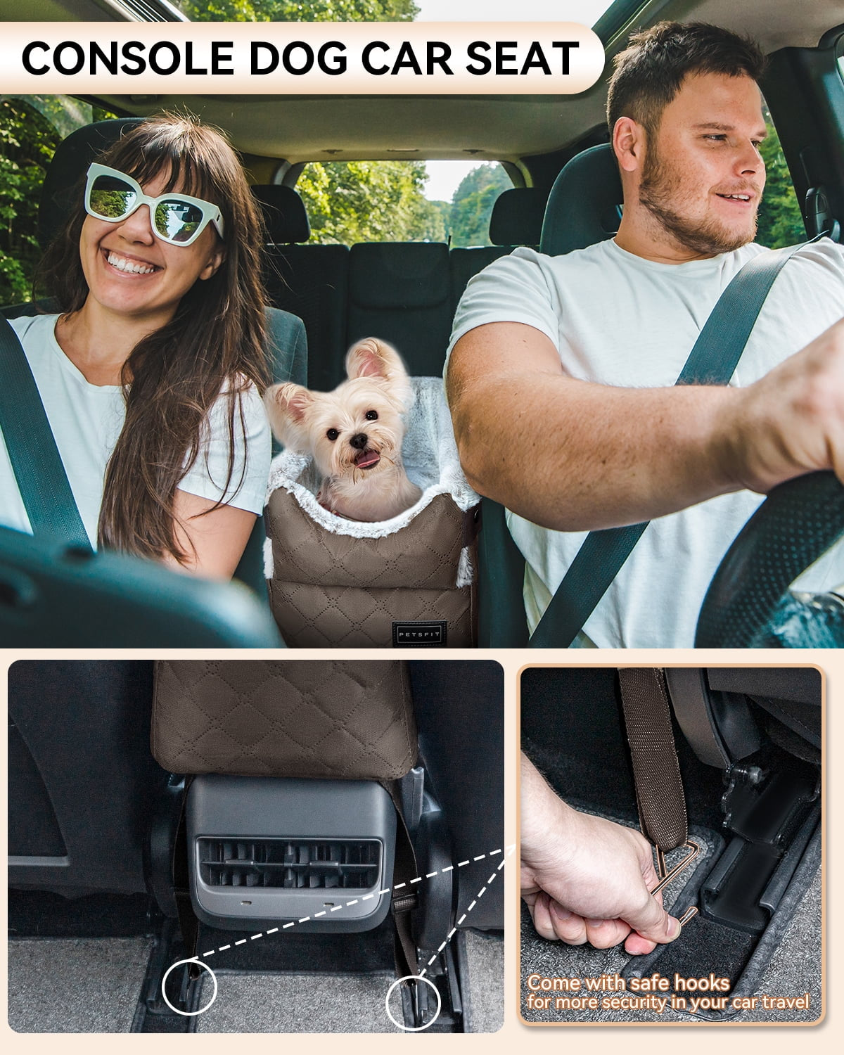 Center Console Dog Car Seat with Safe Protection Hooks, Pet Car Seat with Upgraded Safety Tethers, Washable Cushion, Console Dog Car Seats for Small Dogs (Coffee)