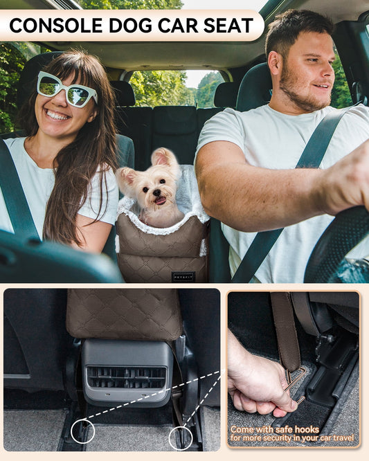 Center Console Dog Car Seat with Safe Protection Hooks, Pet Car Seat with Upgraded Safety Tethers, Washable Cushion, Console Dog Car Seats for Small Dogs (Coffee)