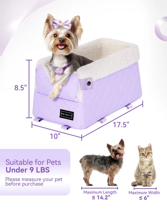 Cat Car Seat with Safe Protection Hooks, Center Console Dog Car Seat with Upgraded Safety Tethers, Washable Cushion, Dog Car Seats for Small Dogs up to 9 Lbs (Purple)