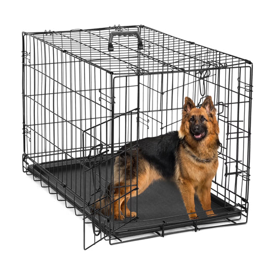 Big Dog Crate with Divider Panel, 48 Inch Double Door Folding Metal Wire Dog Cage with Plastic Leak-Proof Pan Tray