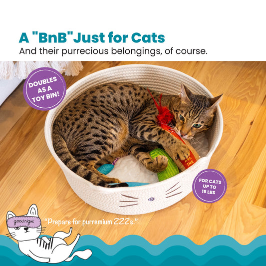 Bed & Basket Retreat 2-In-1 Cat Bed with Removable Cushion, Plush Cotton Rope, White, 15 in – Versatile Pet Bed and Toy Storage Basket